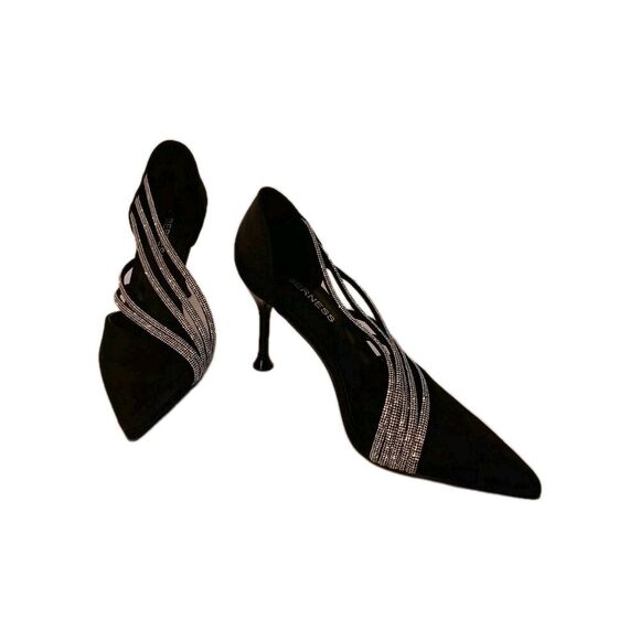 Berness Black Satiny Pointed Toe 2.5" Pumps with Rhinestone Cross Strap size 7.5 - Picture 3 of 8